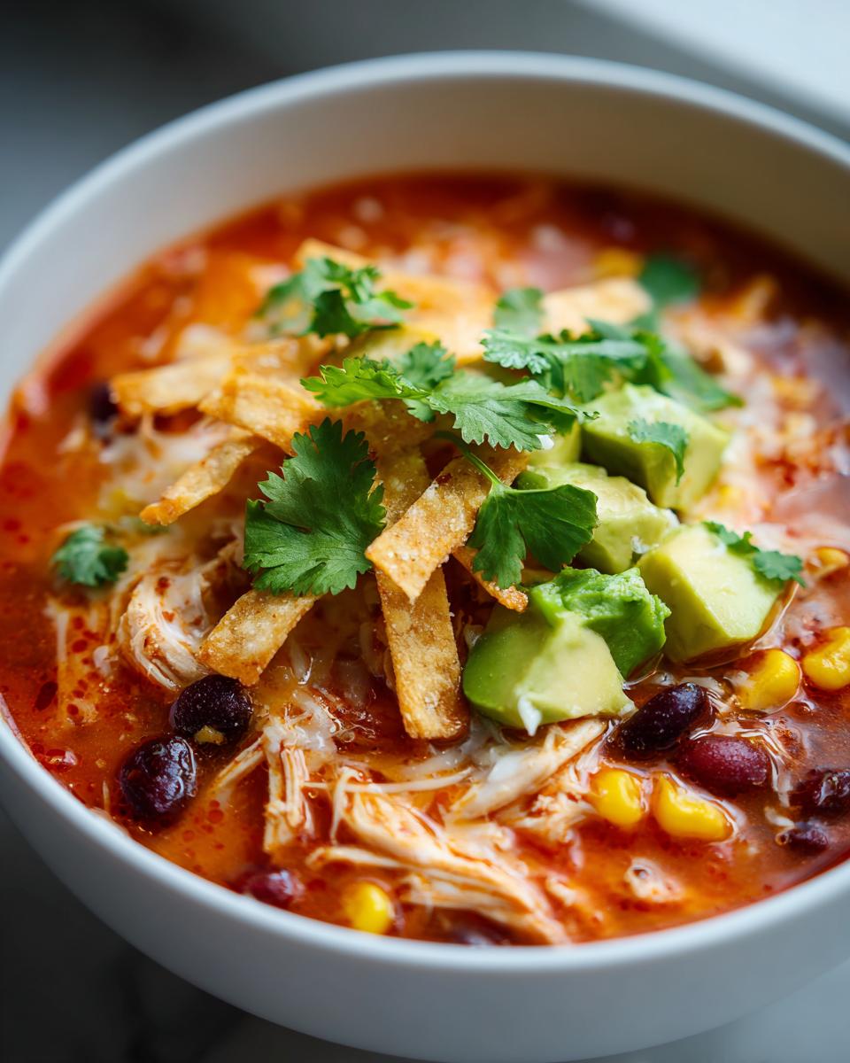 A close-up of a bowl of vibrant red tortilla soup recipe, topped with shredded chicken, black beans, corn, avocado, and crispy tortilla strips.