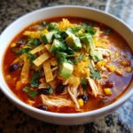 Close-up of a hearty bowl of tortilla soup recipe, topped with shredded chicken, avocado, cheese, and cilantro.
