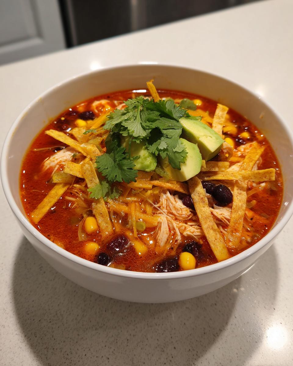 A close-up of a white bowl filled with rich, red tortilla soup recipe, topped with shredded chicken, avocado, and cilantro.