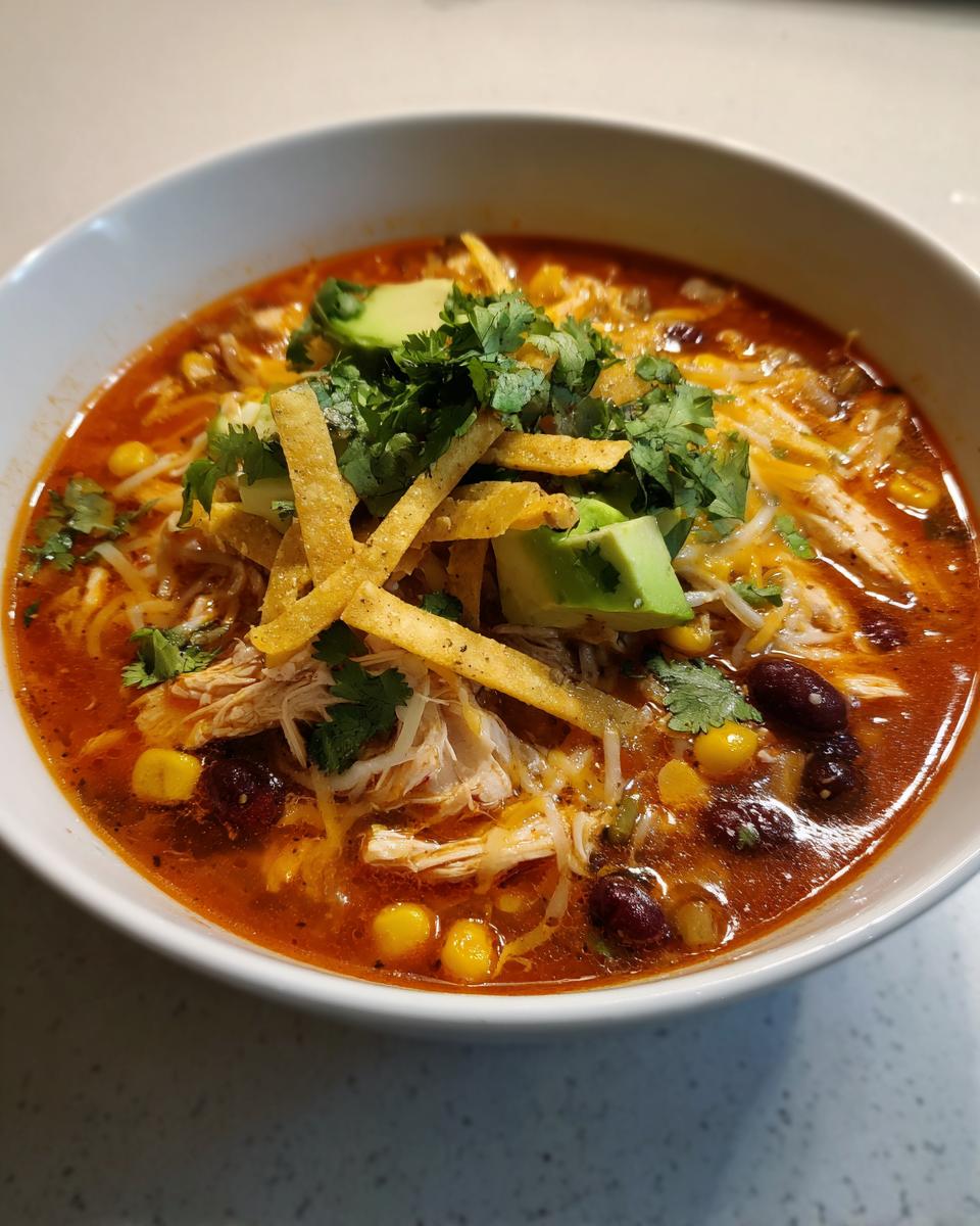Close-up of a bowl of rich, red tortilla soup recipe topped with shredded chicken, avocado, cheese, and crispy tortilla strips.