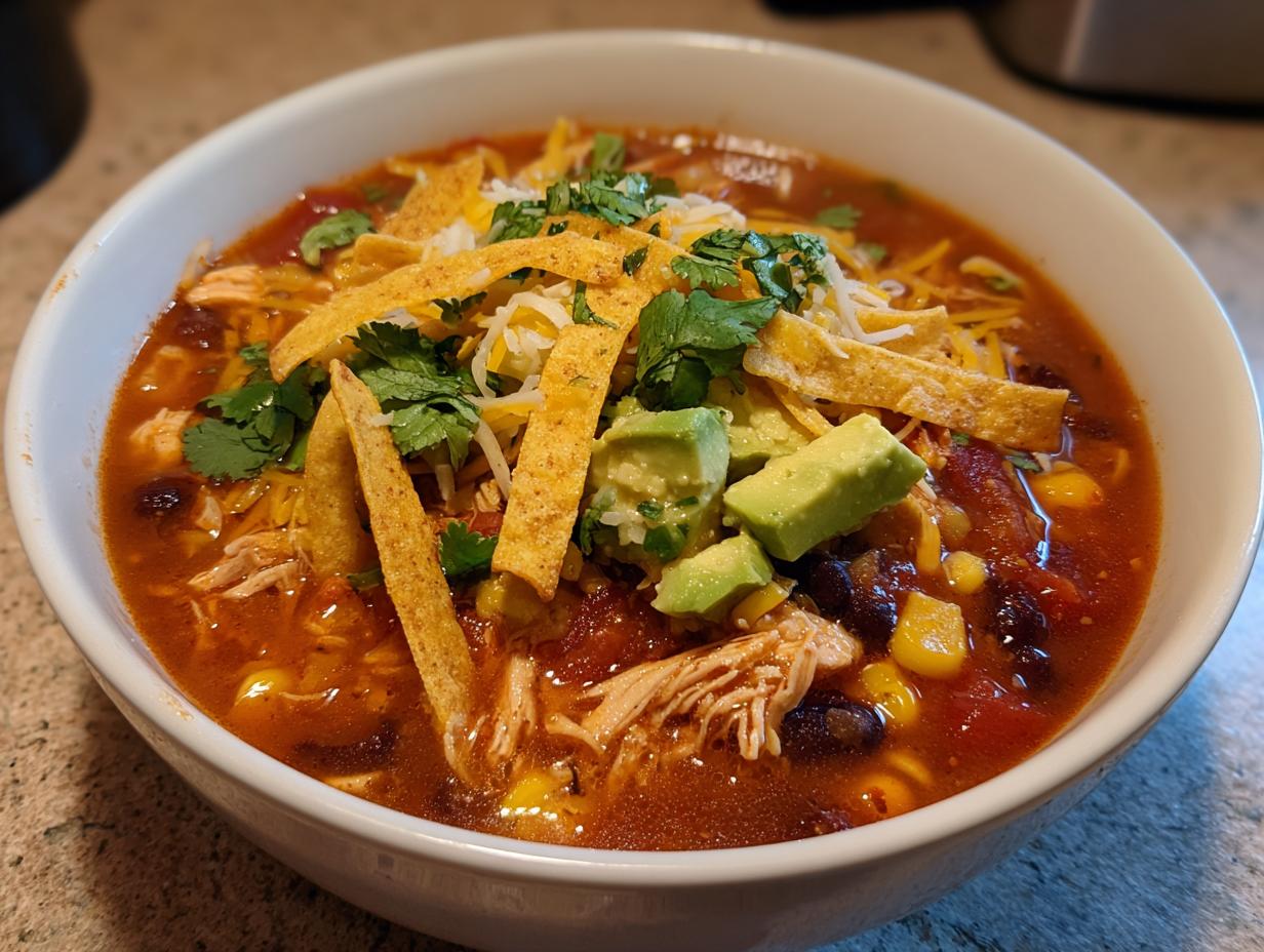 Close-up of a white bowl filled with rich, red tortilla soup, topped with shredded chicken, avocado, cheese, and tortilla strips.