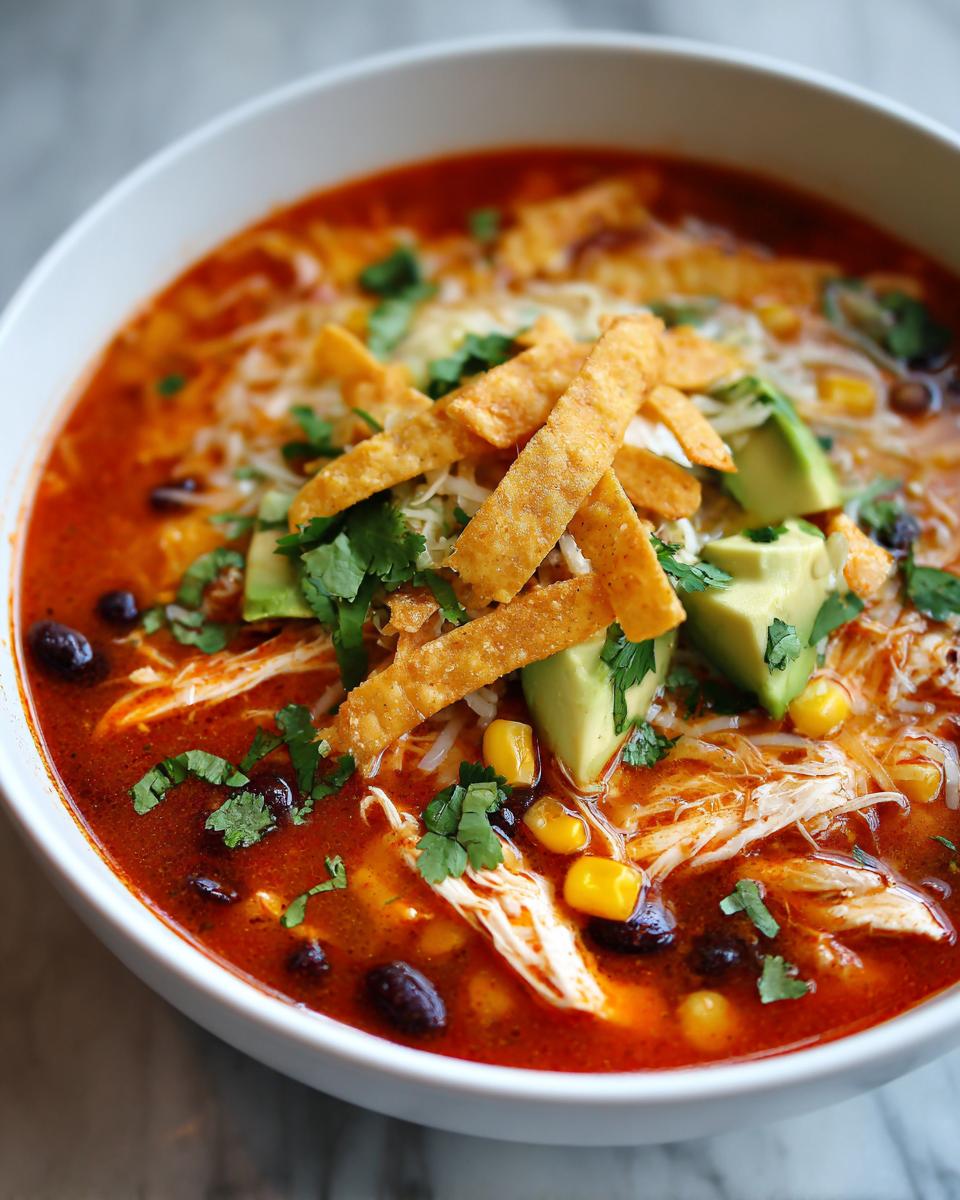 A close-up view of a rich, red broth tortilla soup recipe topped with shredded chicken, black beans, corn, avocado, cheese, and crispy tortilla strips.