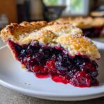 Close-up of a juicy slice of triple berry pie showing the deep red and purple filling and a golden, sugared crust.
