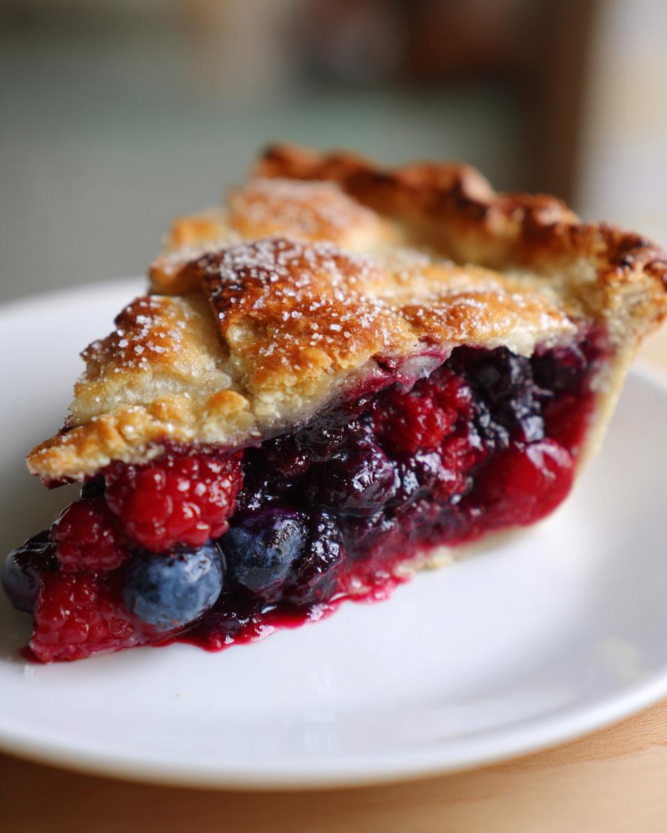 A close-up of a thick slice of triple berry pie showing juicy raspberries and blueberries, topped with a sugared, flaky crust.