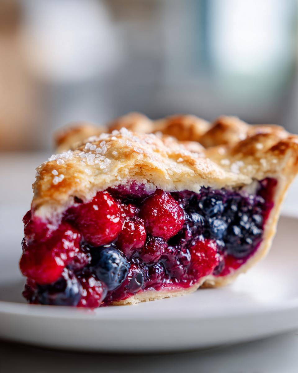 Close-up of a juicy slice of triple berry pie showing raspberries and blueberries, topped with coarse sugar.
