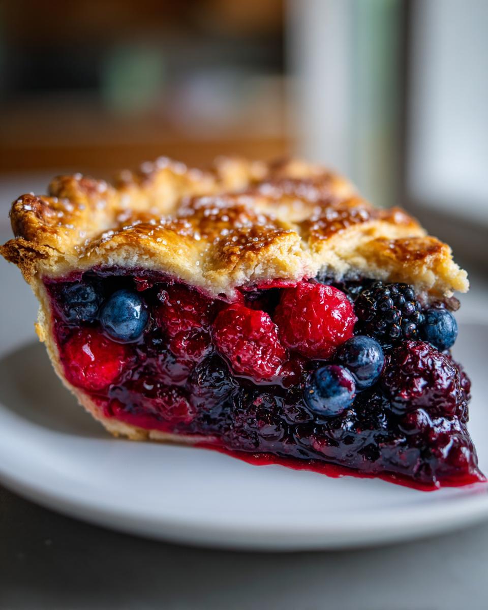 Close-up of a juicy slice of triple berry pie showing blueberries, raspberries, and blackberries, with a sugared, flaky crust.