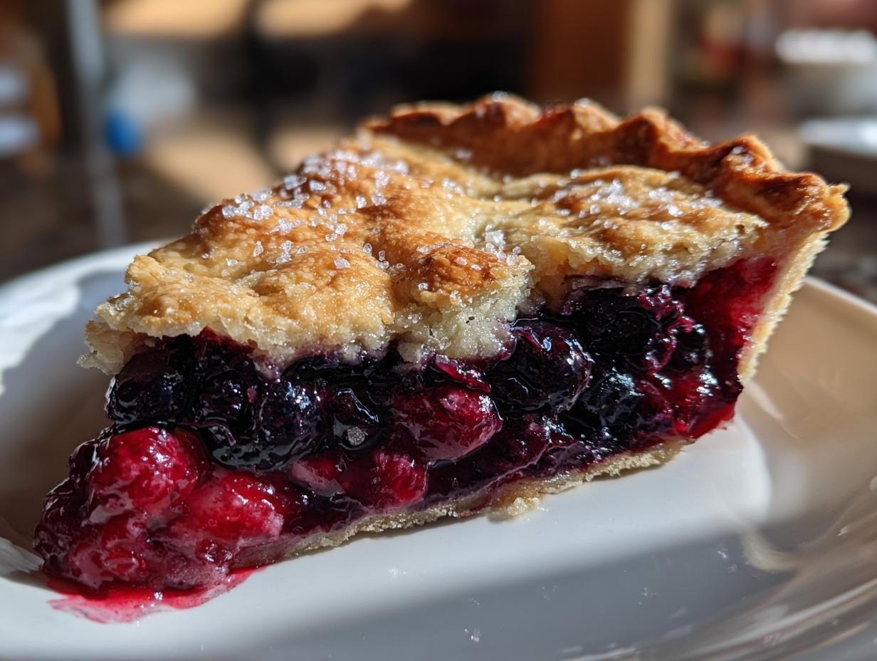 Close-up of a thick slice of triple berry pie showing juicy filling and a golden, sugared crust.
