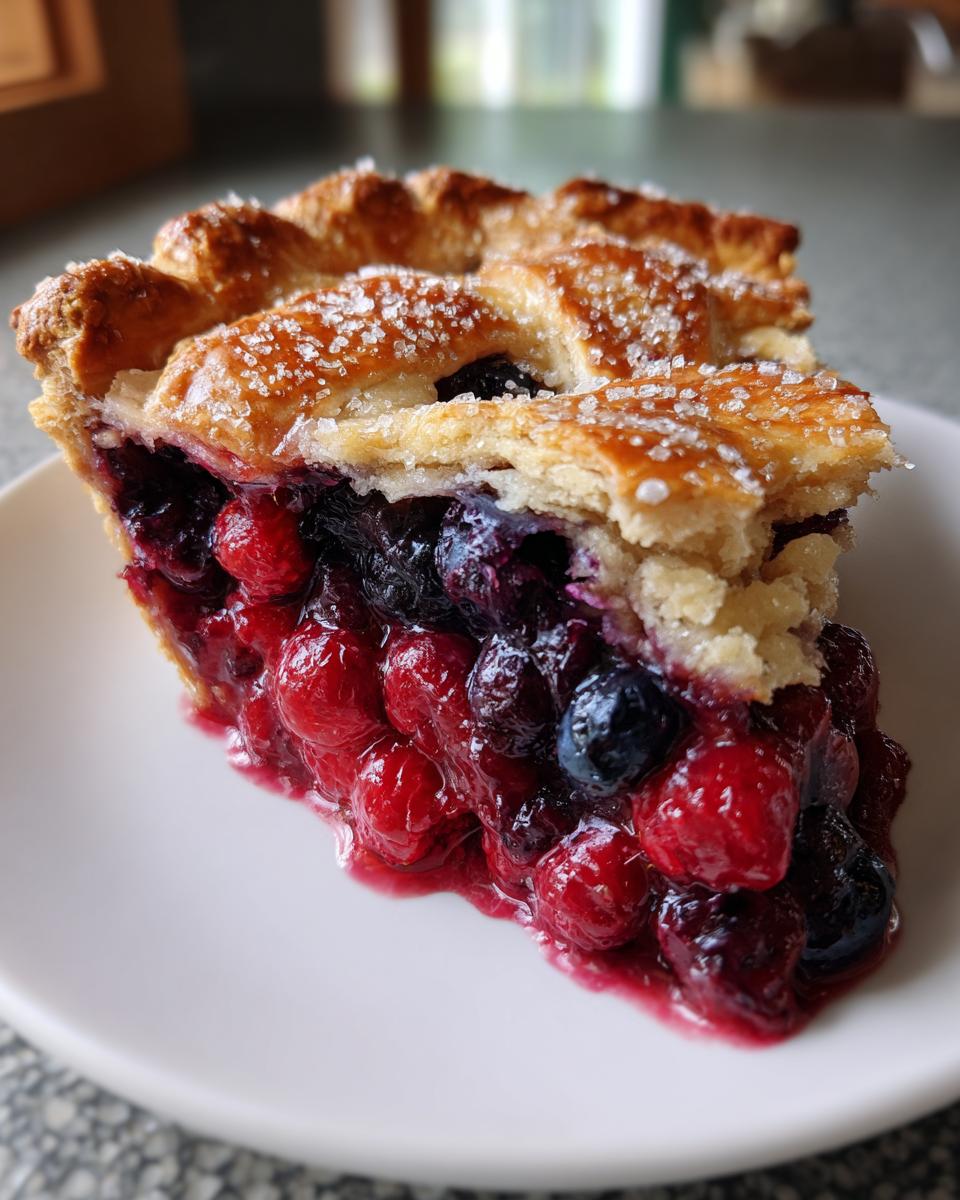 A close-up of a slice of triple berry pie showing juicy red and blue berries and a sugared lattice crust.
