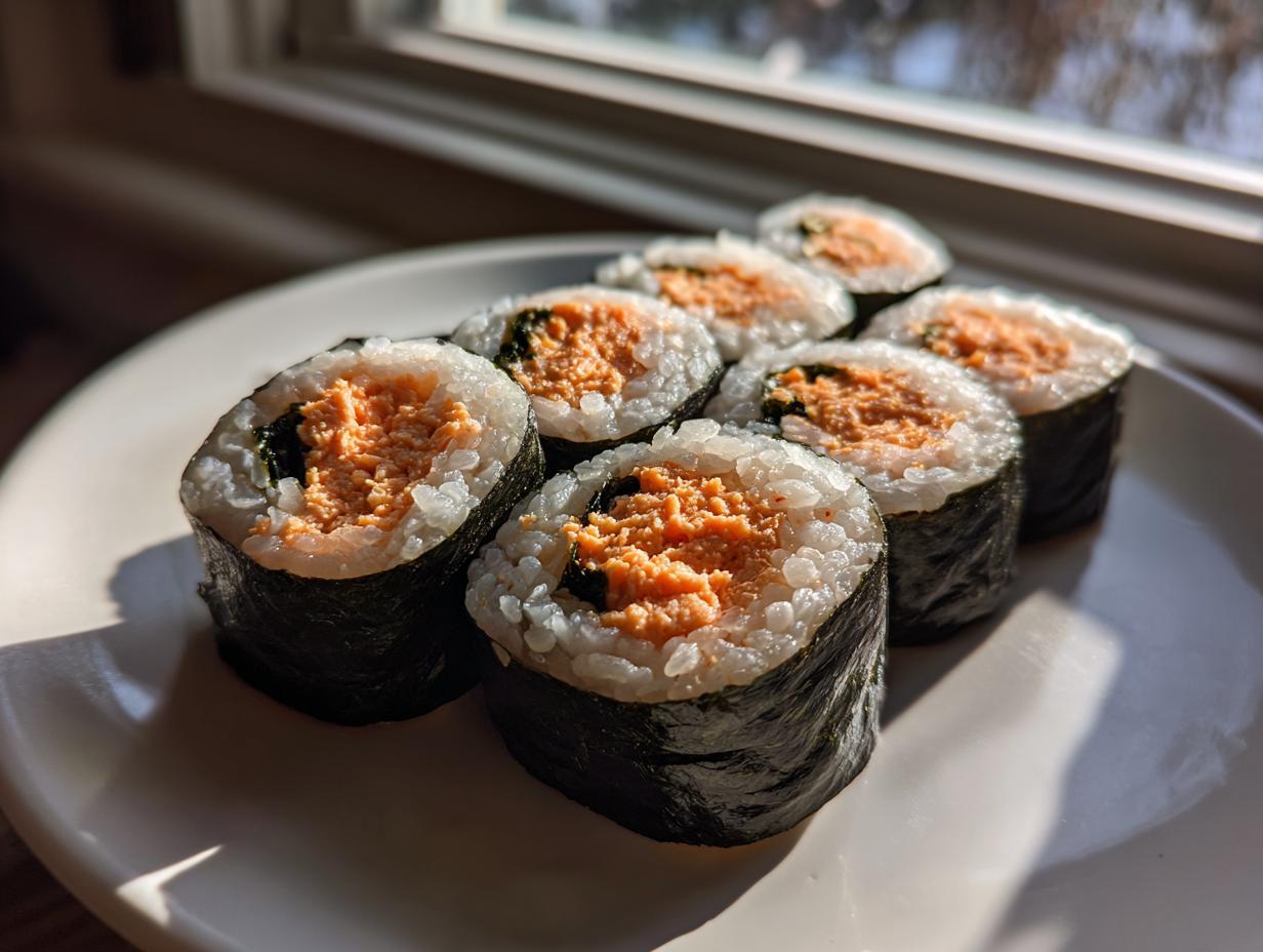 Six slices of homemade tuna kimbap, showing the rice, nori, and bright orange tuna filling, served on a white plate.