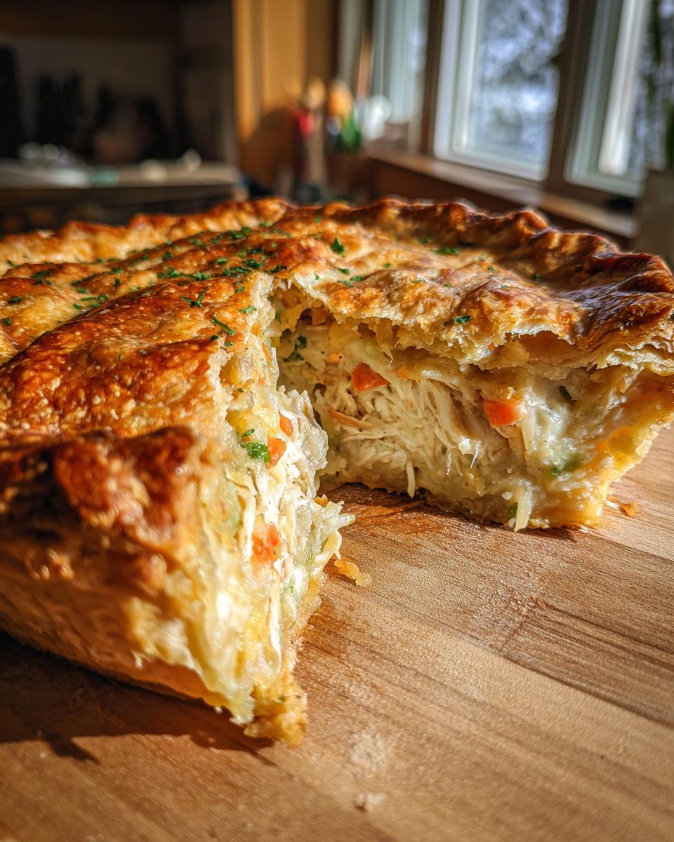 A close-up of a freshly baked turkey pot pie recipe with a slice removed, showing shredded turkey and vegetables inside the flaky crust.