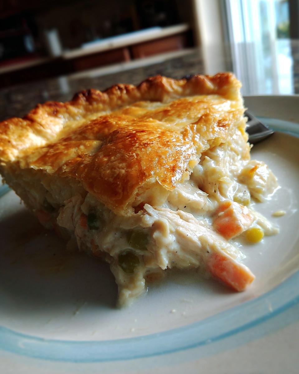 Close-up of a slice of turkey pot pie recipe showing creamy filling, turkey, carrots, and peas under a golden, flaky crust.