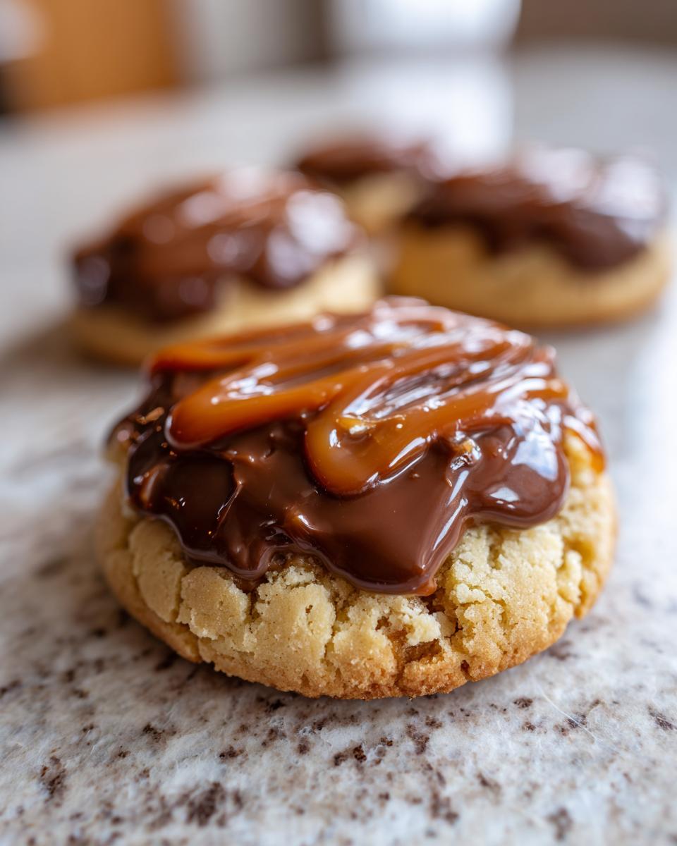 A close-up of a freshly baked Twix cookie topped with melted chocolate and a generous drizzle of caramel sauce.