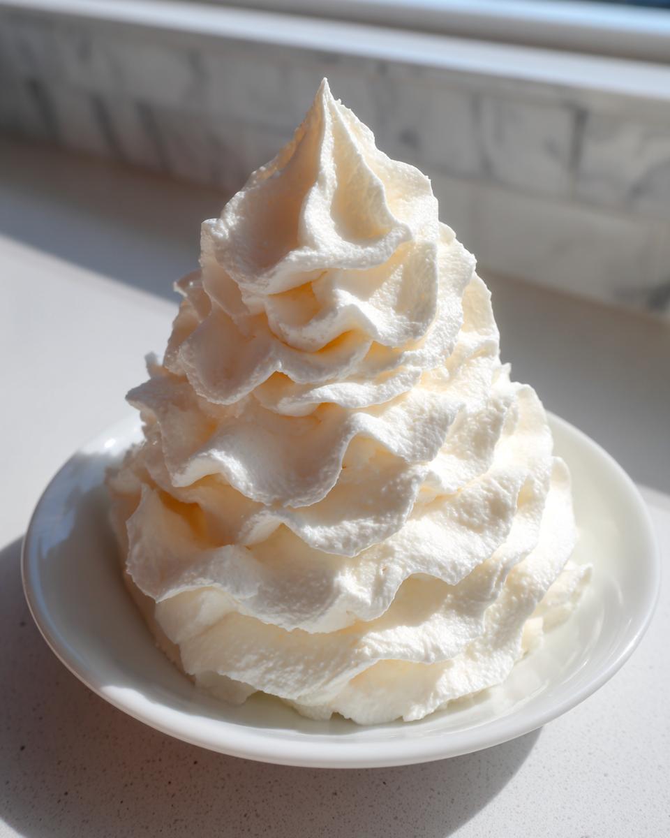 A tall, perfectly piped swirl of creamy white vanilla buttercream frosting served on a small white saucer.