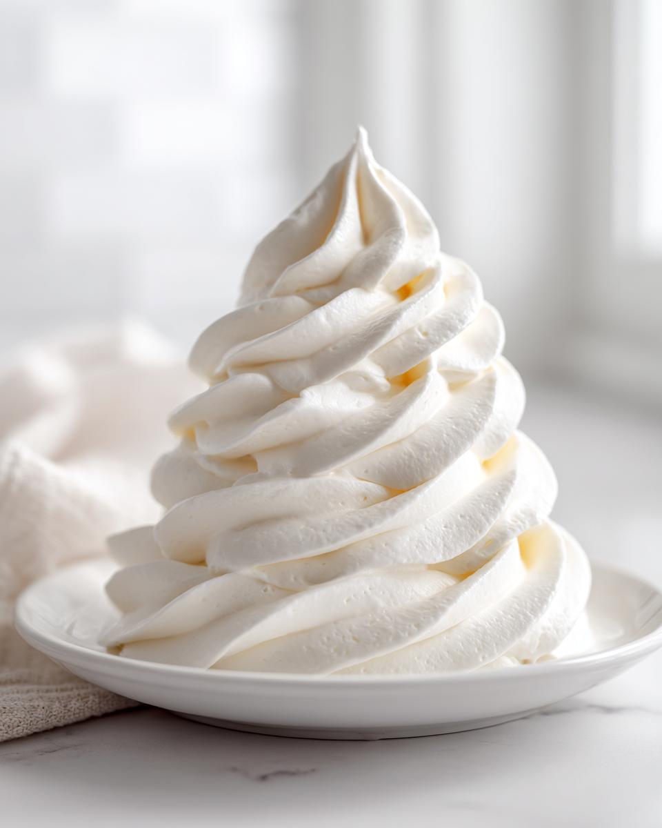 A tall, perfectly piped swirl of creamy white vanilla buttercream frosting on a small white plate.