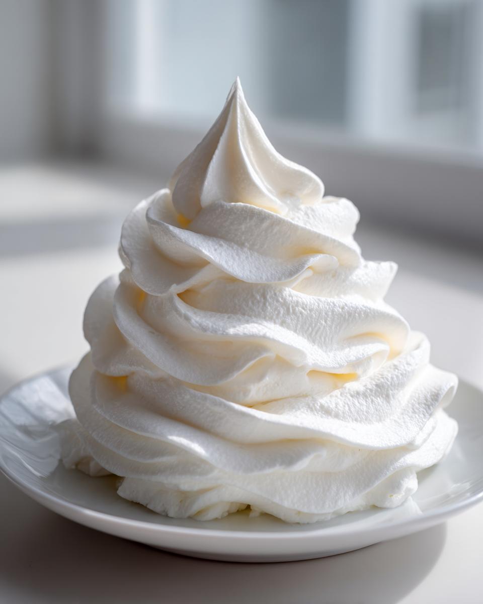 A tall, perfectly piped swirl of creamy white vanilla buttercream frosting sitting on a small white plate.