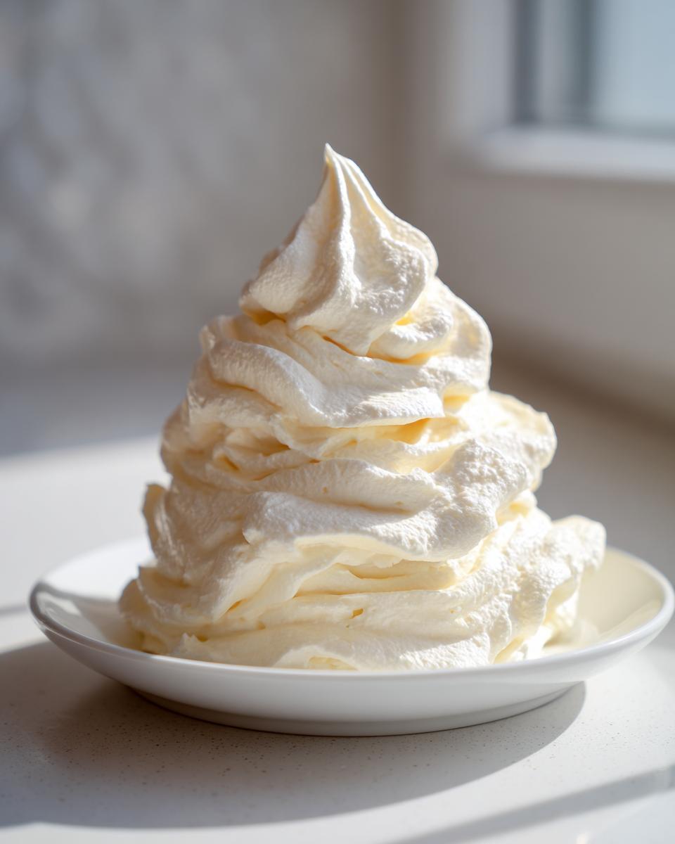 A tall swirl of fluffy, pale yellow vanilla buttercream frosting piped onto a small white saucer.