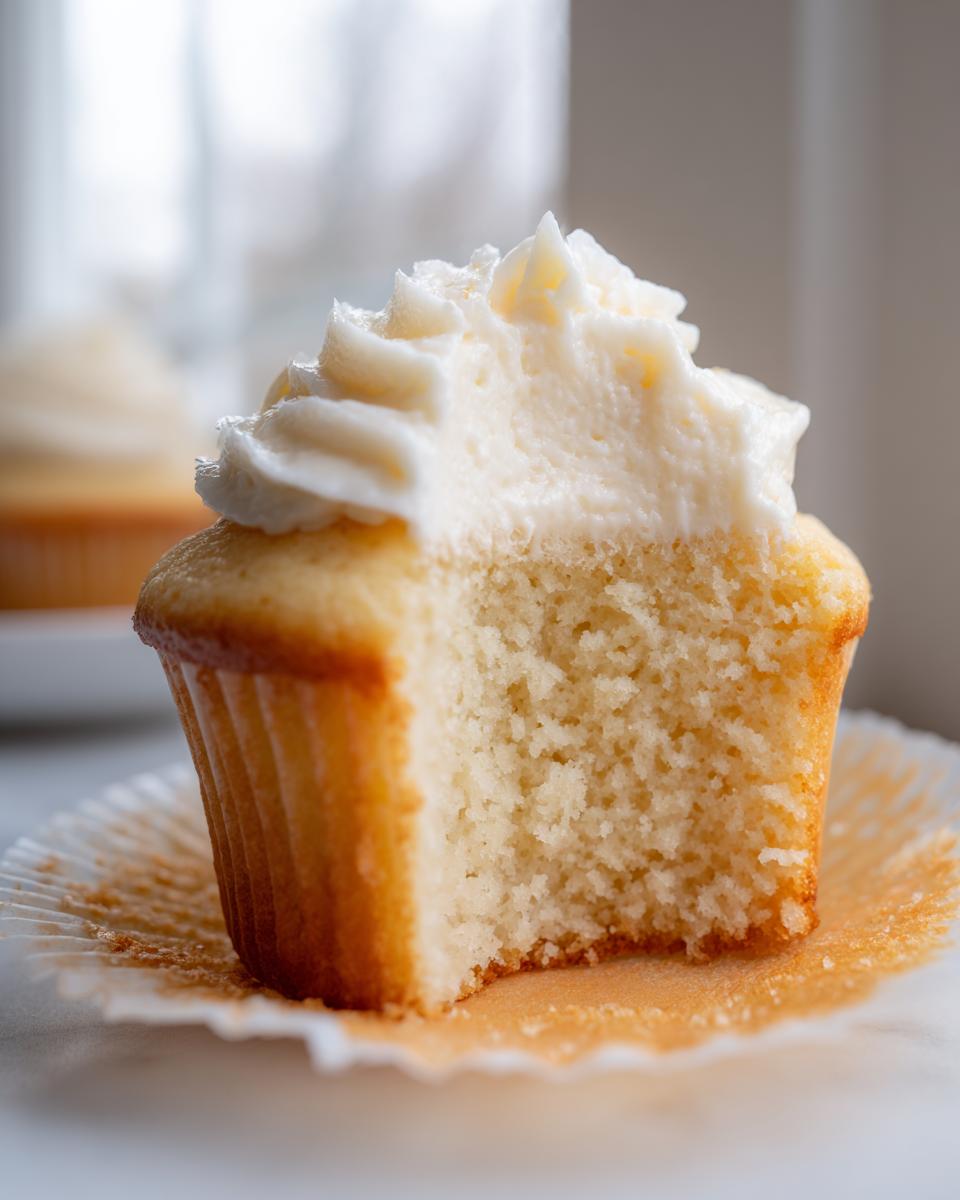 Close-up of a vanilla cupcake cut in half showing the moist crumb and thick swirl of white vanilla frosting.