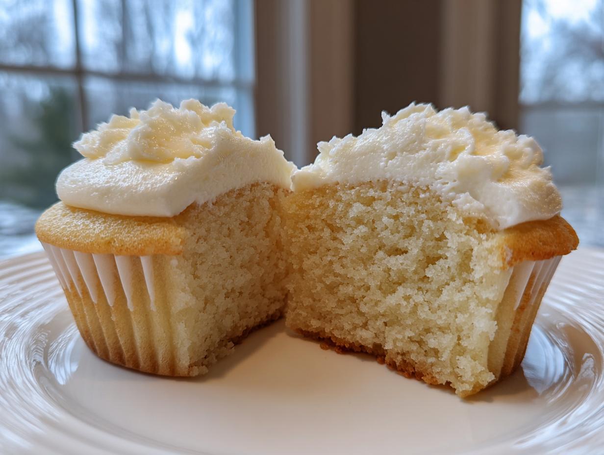 A vanilla cupcake cut in half showing the moist crumb texture and white vanilla frosting on top.