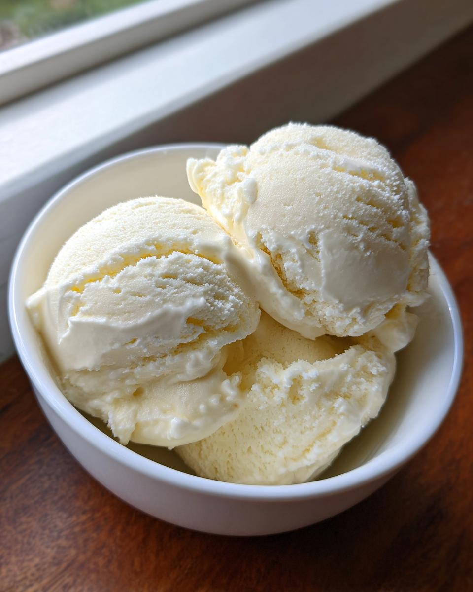 Three scoops of creamy vanilla protein ice cream served in a white bowl on a wooden surface.