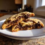 Cross-section of two amazing vegan chocolate chip cookies showing gooey, melted chocolate chunks inside.