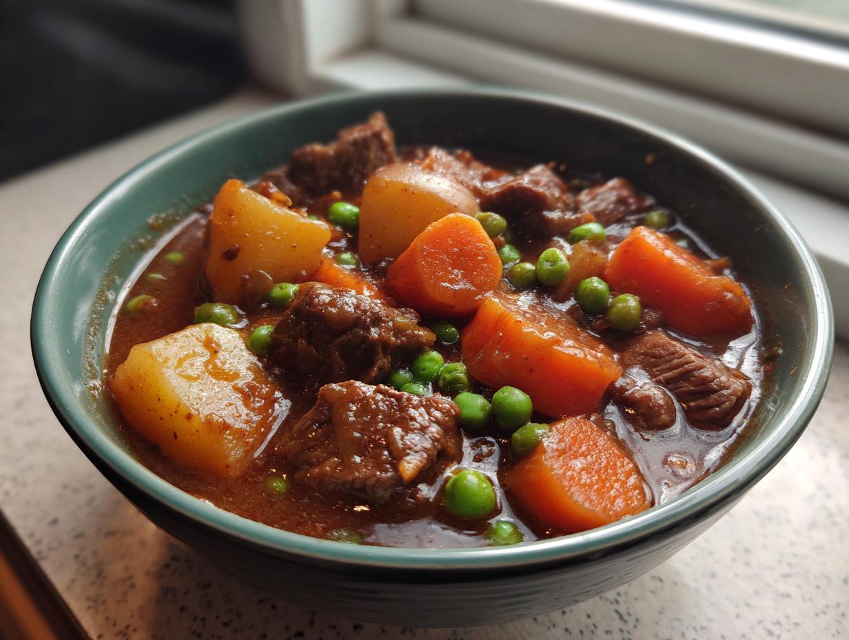 Close-up of a rich, savory vegetable beef soup featuring chunks of beef, potatoes, carrots, and peas.