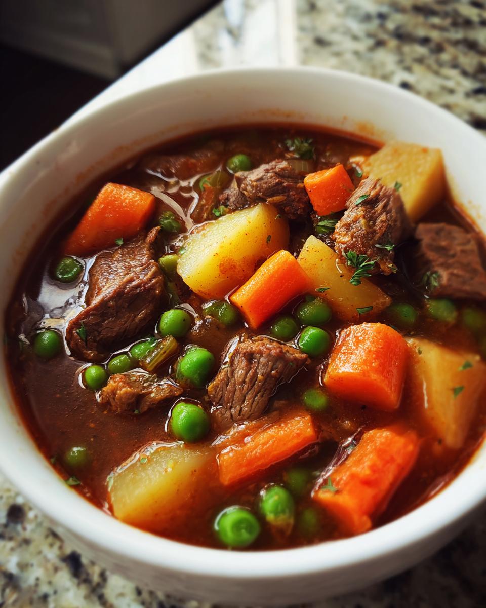 Close-up of a steaming bowl of rich vegetable beef soup with chunks of beef, carrots, potatoes, and bright green peas.