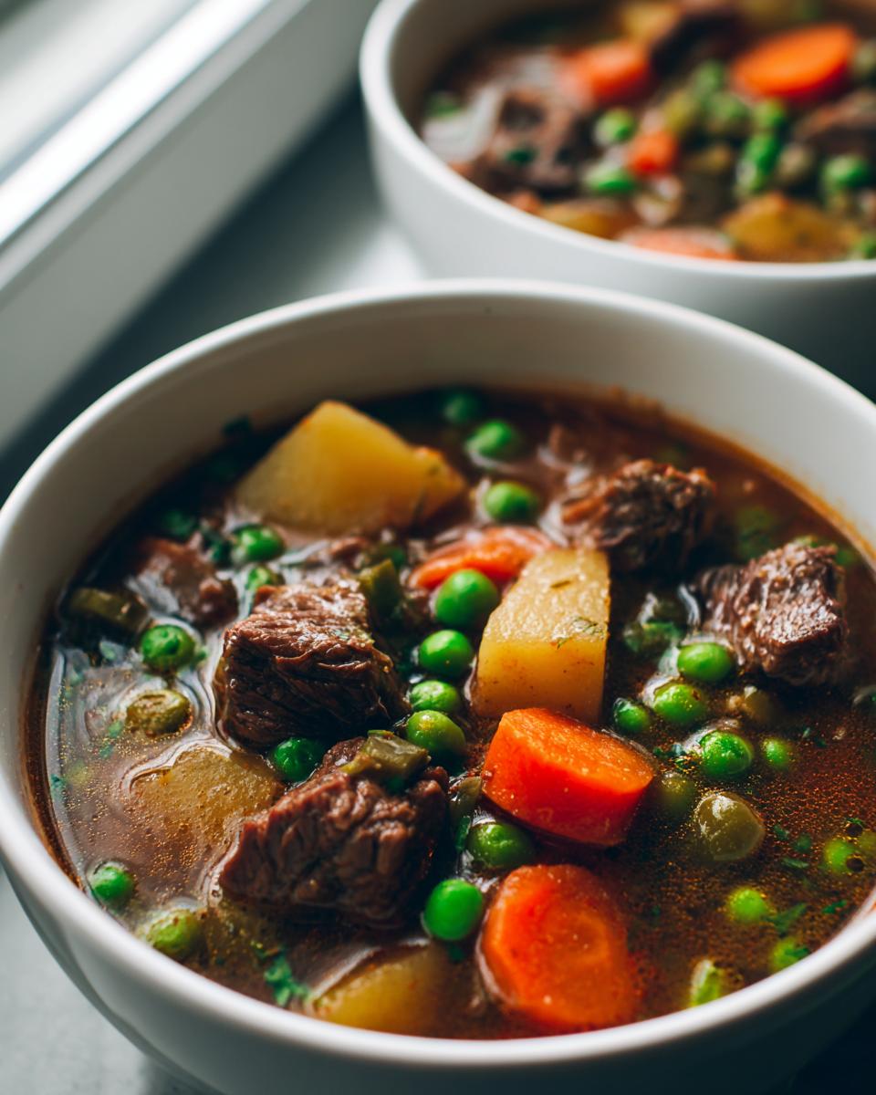 Close-up of a white bowl filled with rich vegetable beef soup, featuring chunks of beef, potatoes, carrots, and bright green peas.