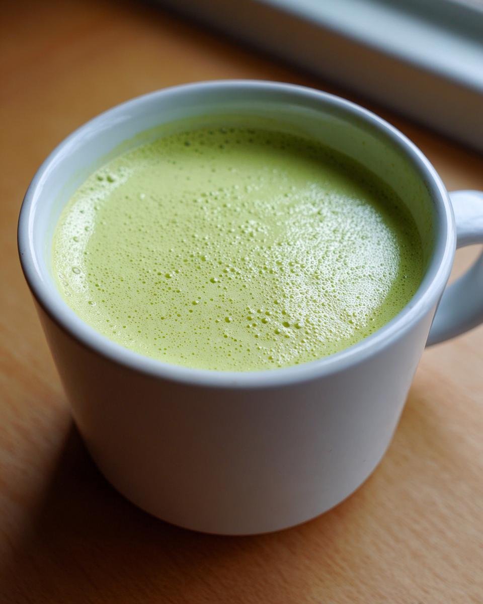 Close-up of a frothy, bright green beverage, resembling a velvety celery soup served in a white mug.