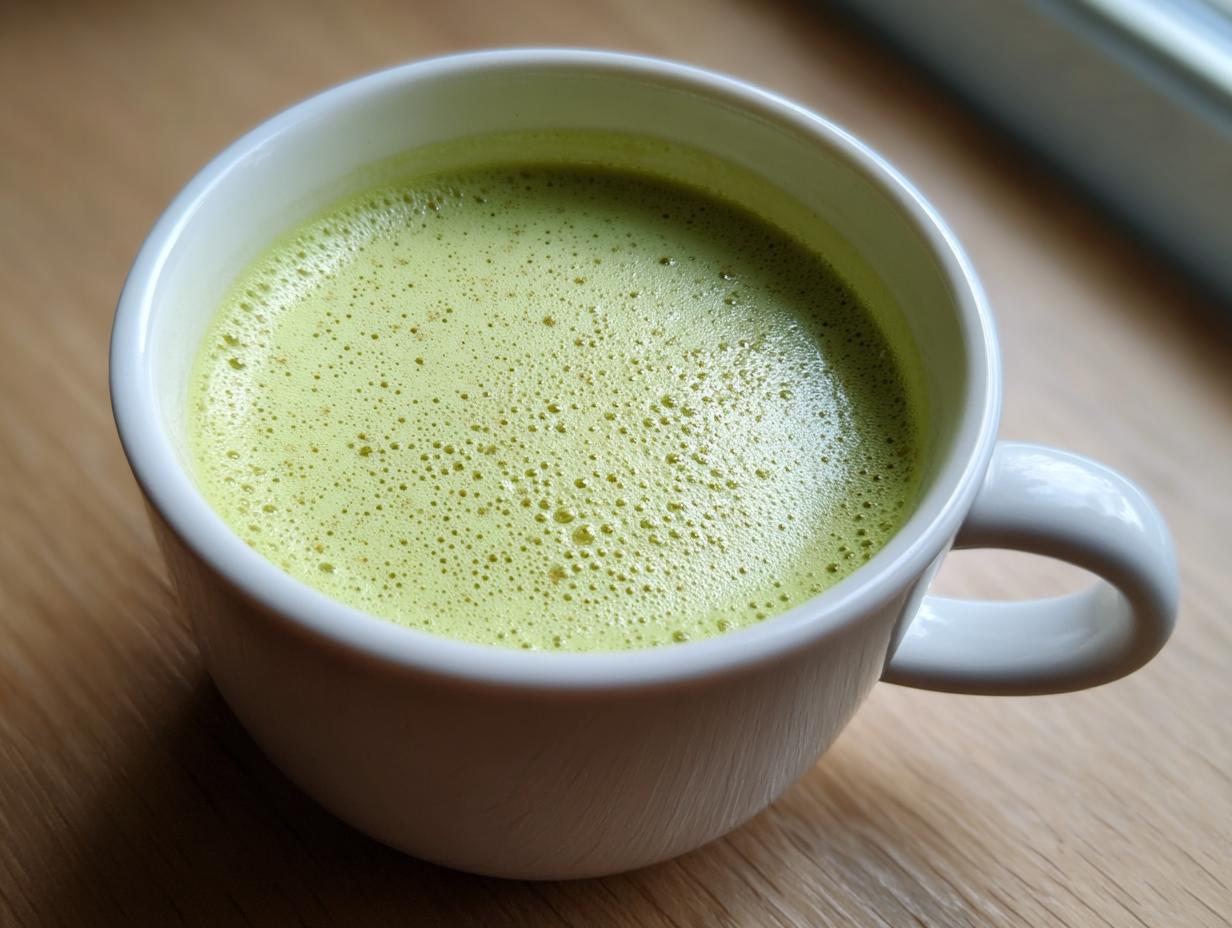 Close-up of a white mug filled with velvety, light green celery soup, showing a frothy top.