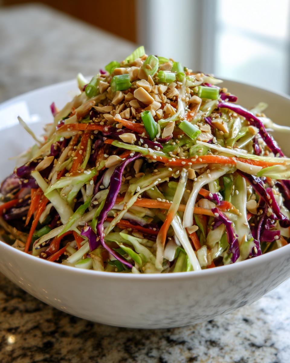 A close-up of a vibrant, colorful cabbage salad tossed with shredded carrots and topped generously with chopped peanuts and green onions.