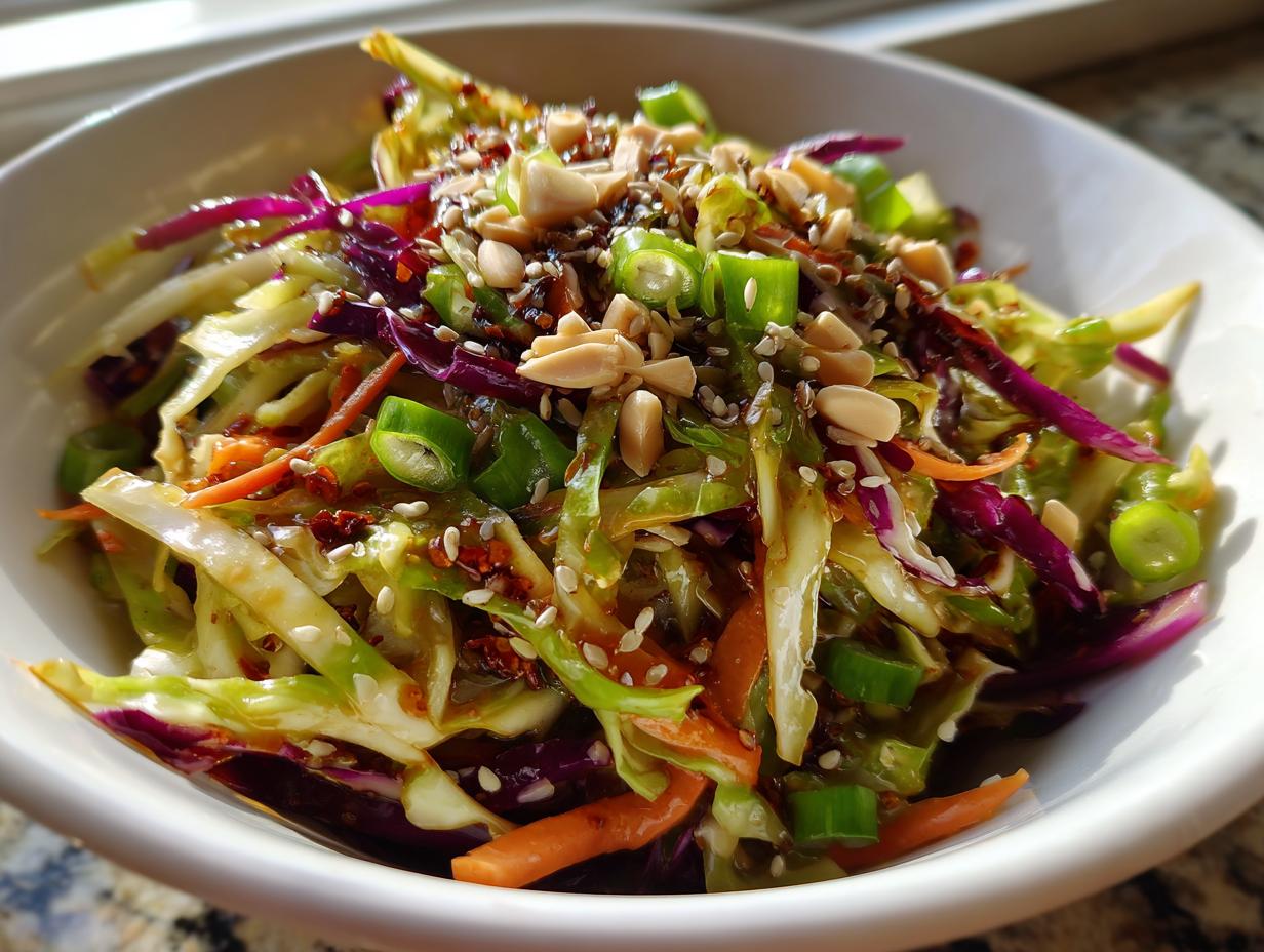 Close-up of a vibrant cabbage salad featuring shredded green and purple cabbage, carrots, green onions, and topped with peanuts and sesame seeds.