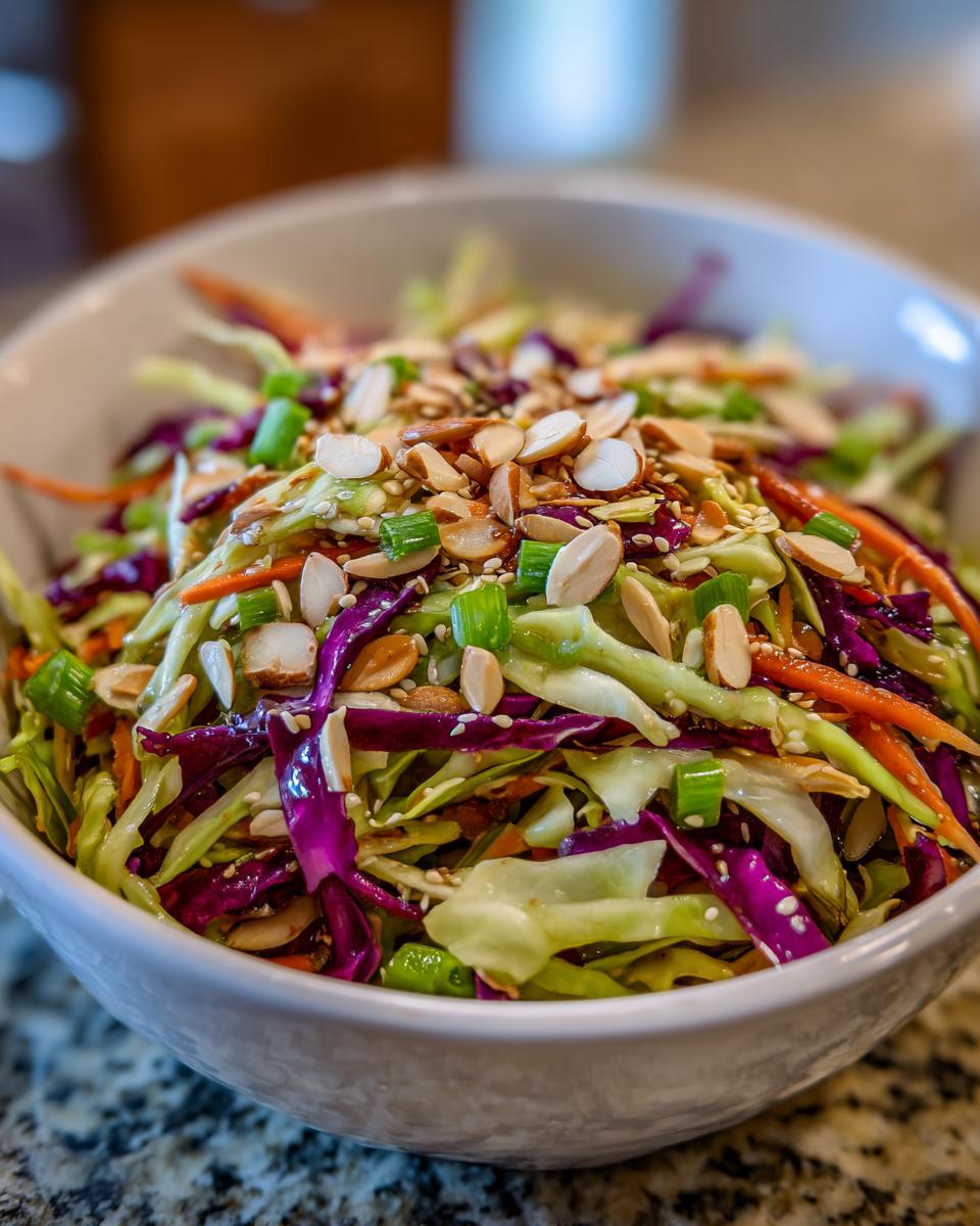 Close-up of a vibrant cabbage salad featuring shredded green and purple cabbage, carrots, topped with sliced almonds and green onions.