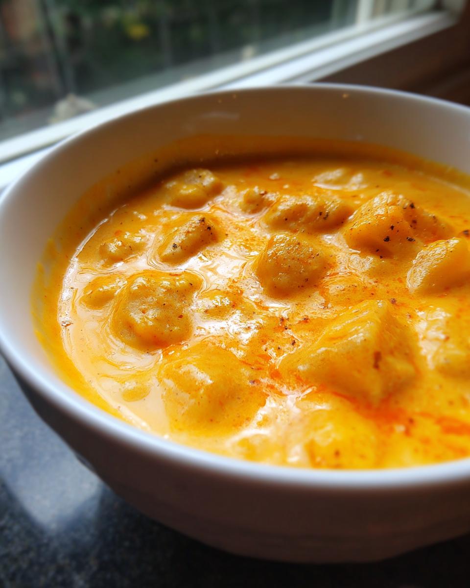 Close-up of a thick, vibrant orange cheese soup served in a white bowl, showing chunks of potato or croutons.