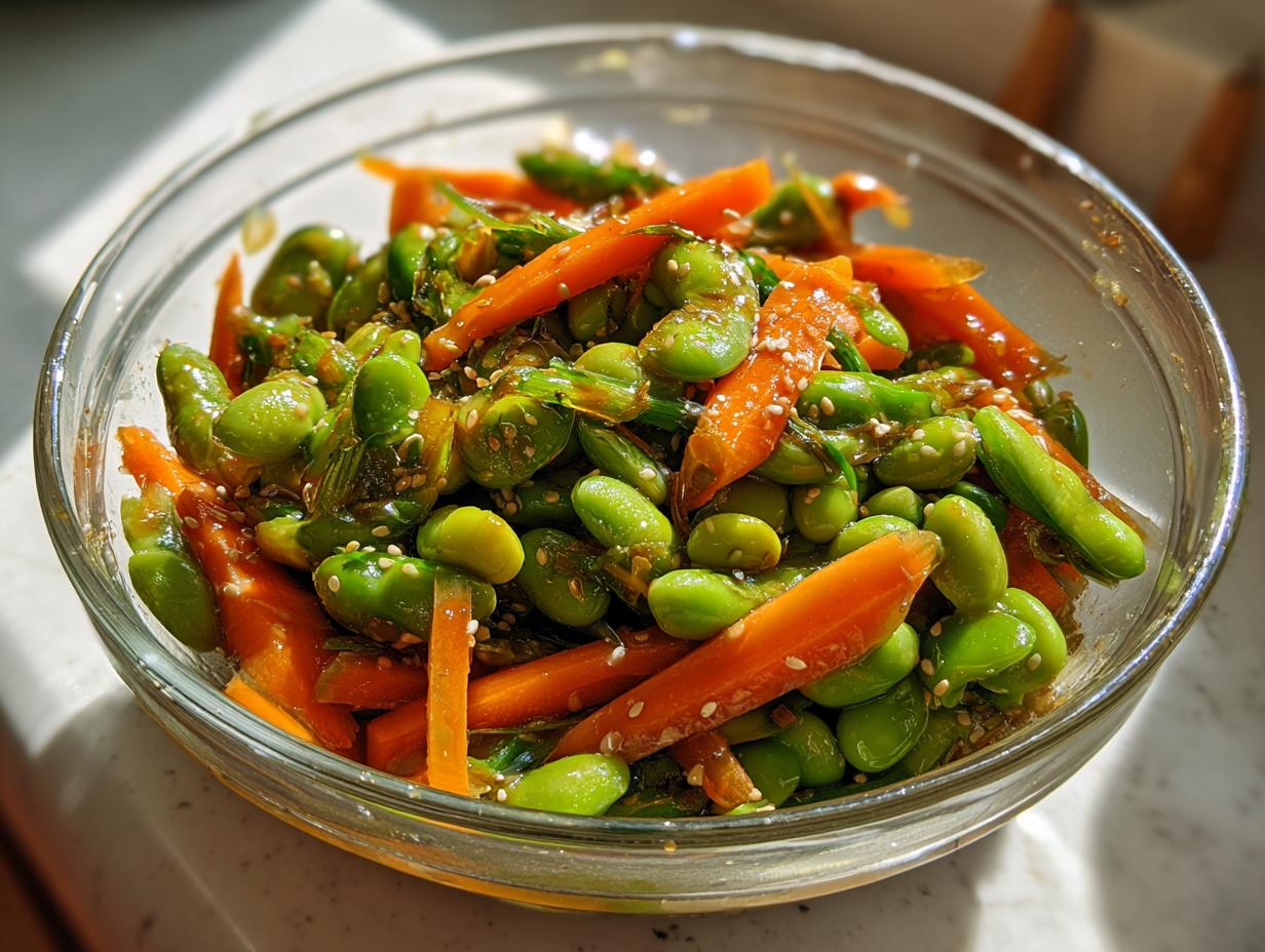 Close-up of a vibrant edamame salad with bright orange carrot strips, tossed in a light dressing and sprinkled with sesame seeds.