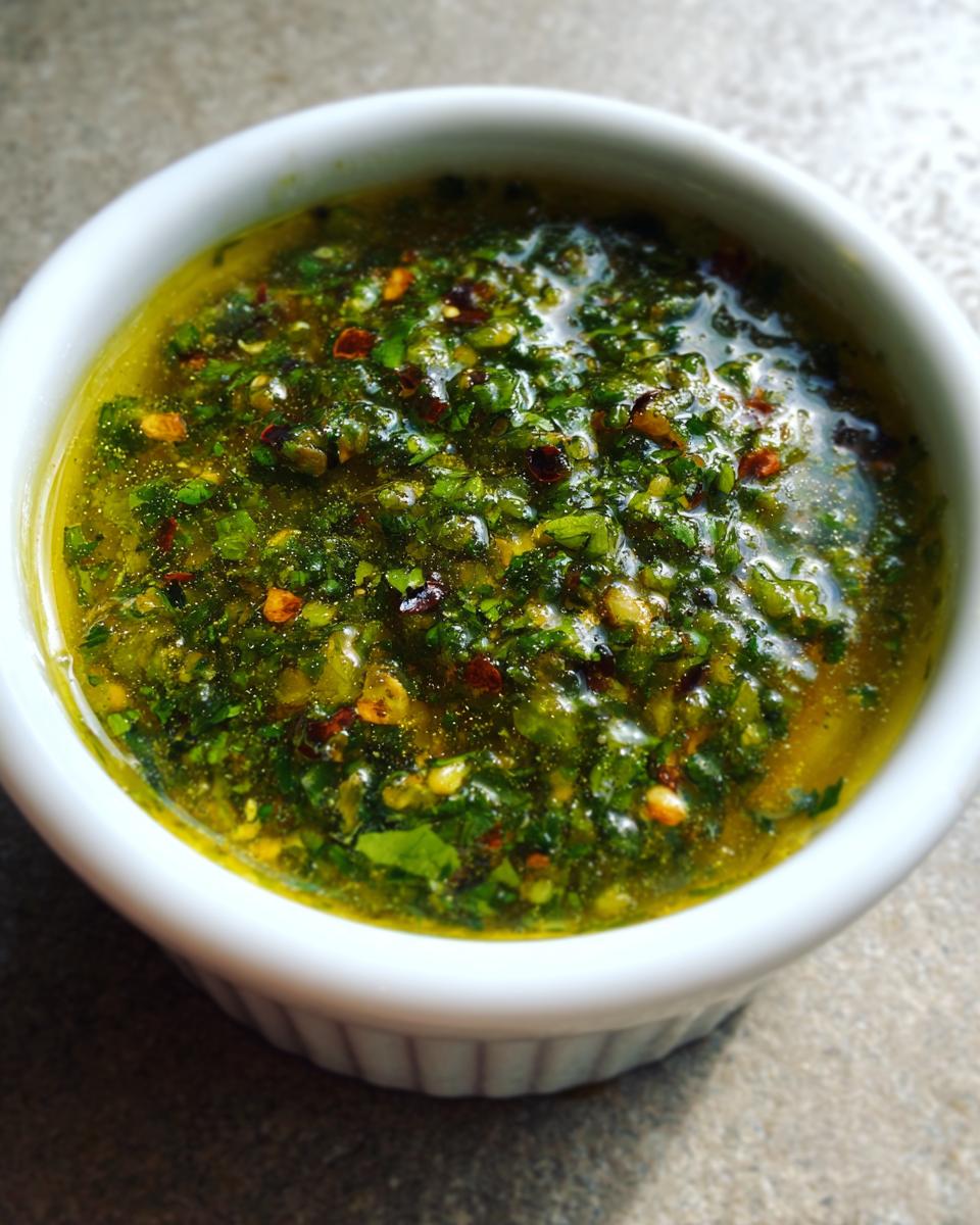 Close-up of vibrant green tomato salsa, rich with herbs and red pepper flakes, served in a small white bowl.
