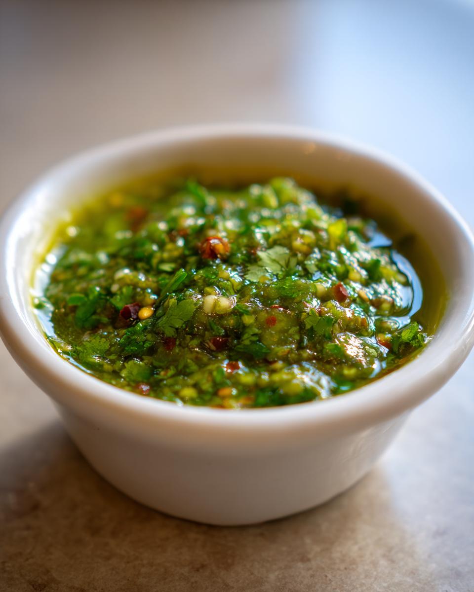 Close-up of a small white bowl filled with chunky, bright green tomato salsa, showing herbs and oil.