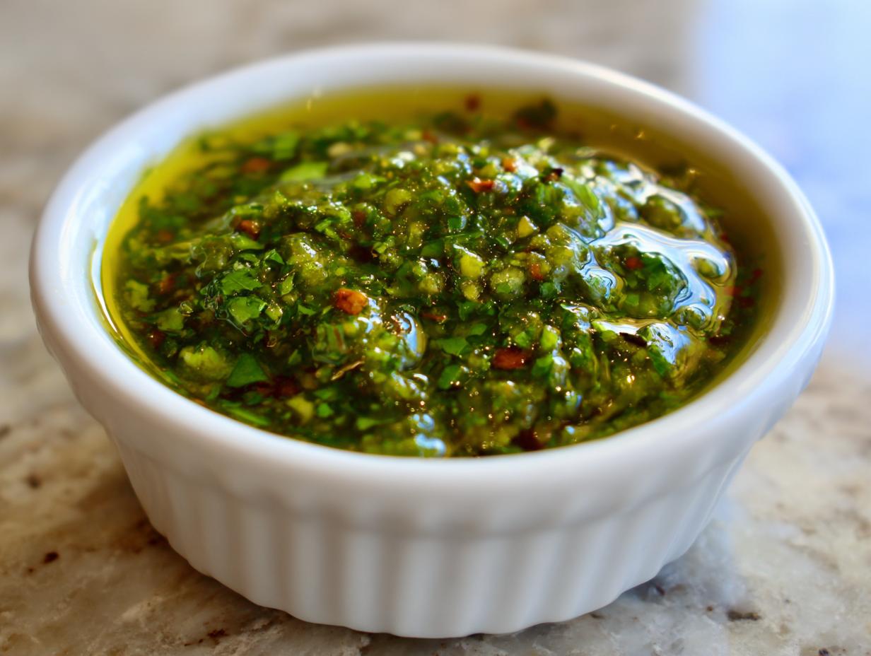 Close-up of a vibrant, chunky green tomato salsa swimming in olive oil in a small white ramekin.