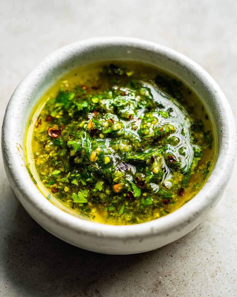 Close-up of a vibrant, oily green tomato salsa with visible herbs and chili flakes in a small white bowl.