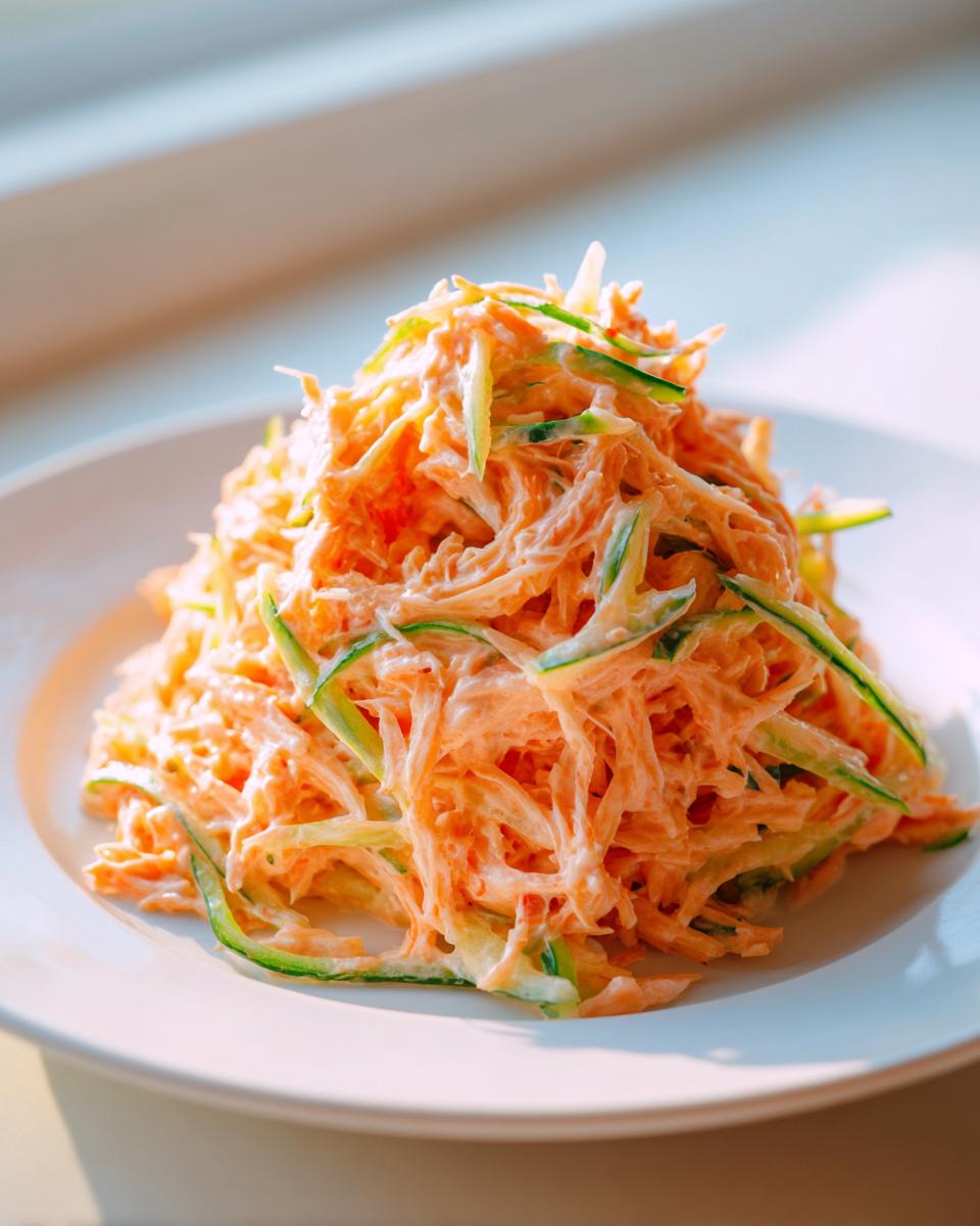 A mound of creamy, shredded kani salad featuring orange imitation crab and green cucumber strips, served on a white plate.