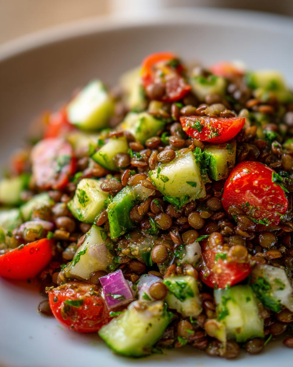 Close-up of a vibrant lentil salad featuring brown lentils, chopped cucumbers, halved cherry tomatoes, and red onion.
