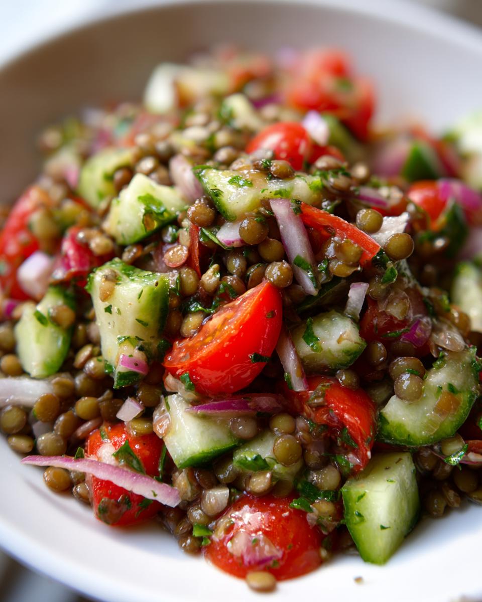 A close-up shot of a vibrant lentil salad featuring brown lentils, chopped cucumbers, bright red tomatoes, and red onion.