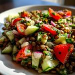 Close-up of a vibrant lentil salad featuring brown lentils, chopped cucumber, red onion, and bright red tomato wedges.