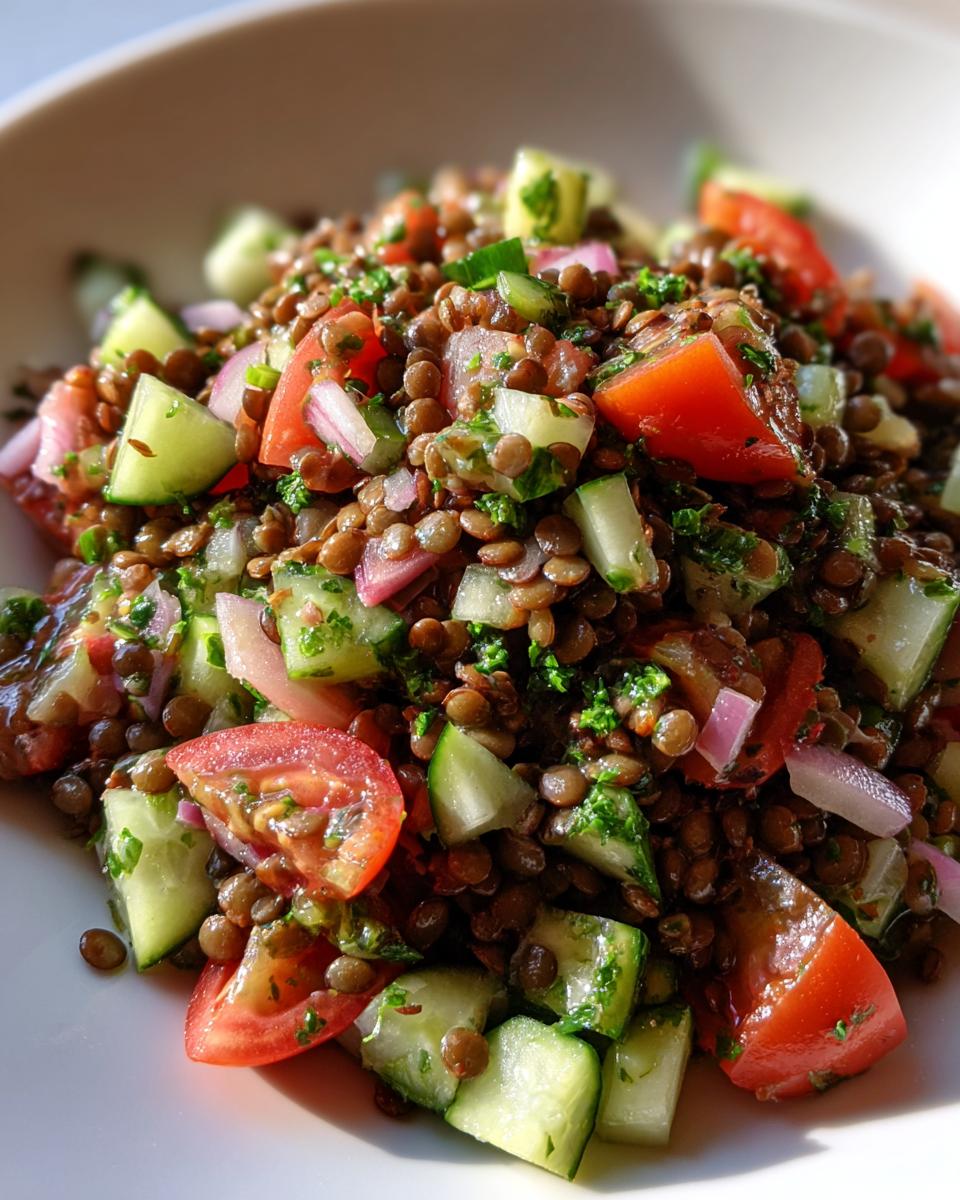 Close-up of a fresh lentil salad featuring brown lentils, diced cucumber, red onion, and tomato wedges.