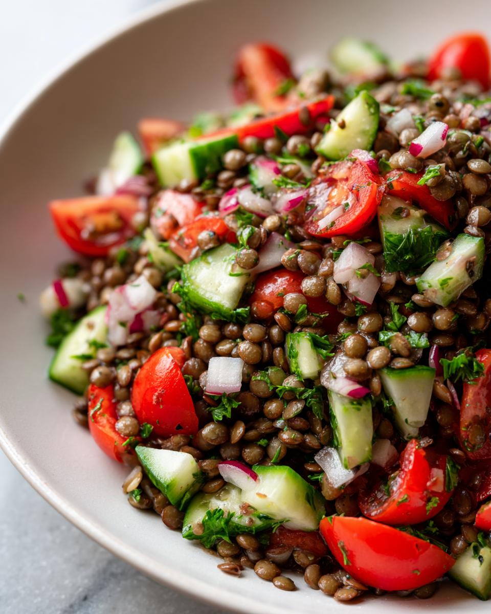 A close-up shot of a healthy lentil salad mixed with chopped tomatoes, cucumbers, red onion, and parsley.