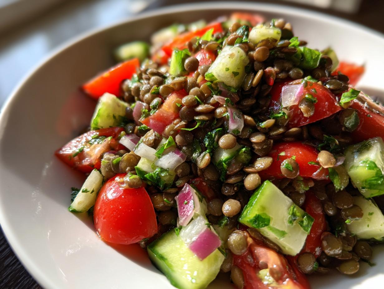 Close-up of a fresh lentil salad featuring green lentils, chopped tomatoes, cucumber chunks, and red onion.