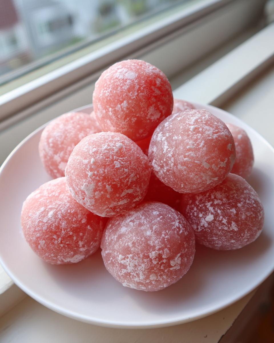 A stack of freshly made, pink watermelon mochi dusted with white powder, resting on a white plate near a window.
