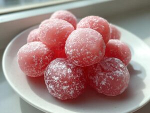 A pile of bright pink, round watermelon mochi dusted heavily with white powdered sugar, sitting on a light plate.