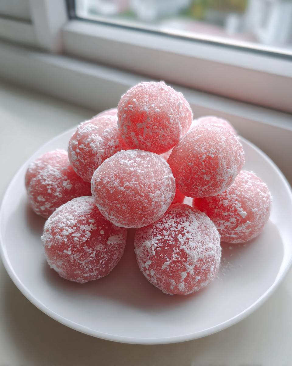 A stack of bright pink, round watermelon mochi treats dusted generously with white powdered sugar on a white plate.