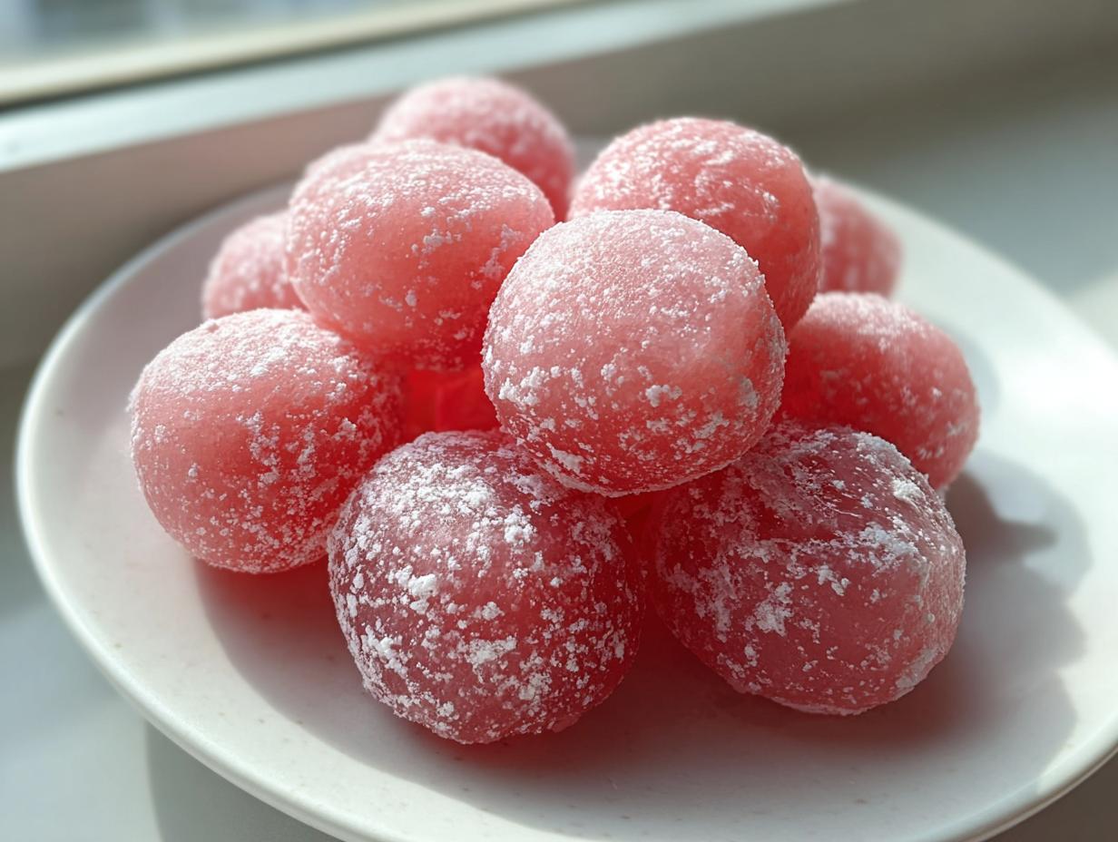 A pile of bright pink, round watermelon mochi dusted heavily with white powdered sugar, sitting on a light plate.