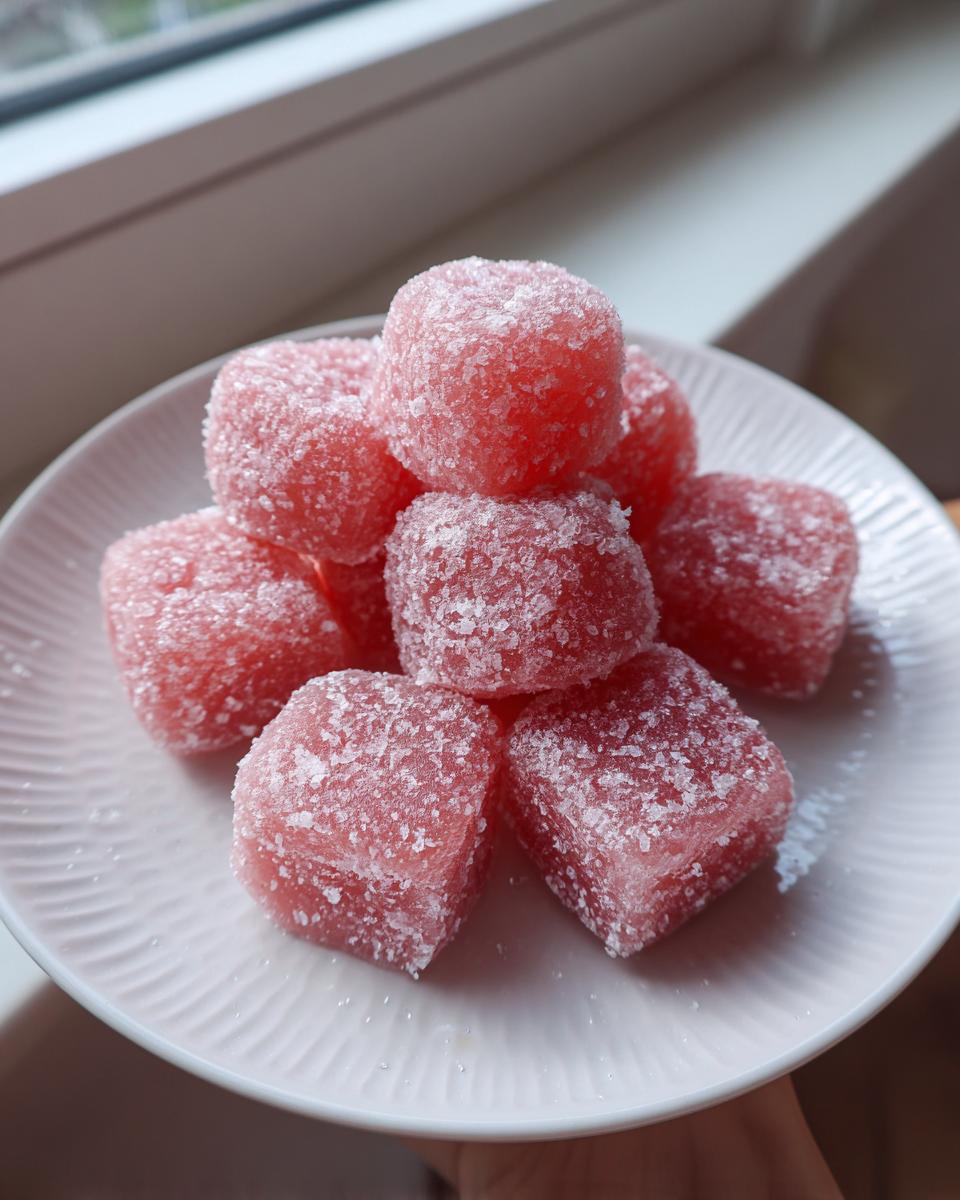 A stack of pink, sugar-coated watermelon mochi cubes resting on a white plate.